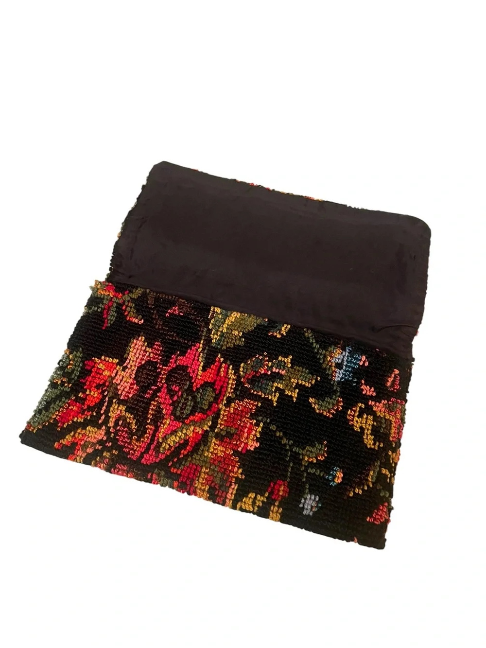 Vintage 70s Floral Needlepoint Fold Over Clutch Tapestry Evening Purse Boho